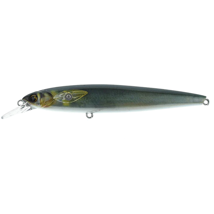 Madotachi Hanitas SF Minnow fishing lure with a sleek, elongated body in green and gray tones, featuring realistic fish eyes and a transparent lip for diving action.