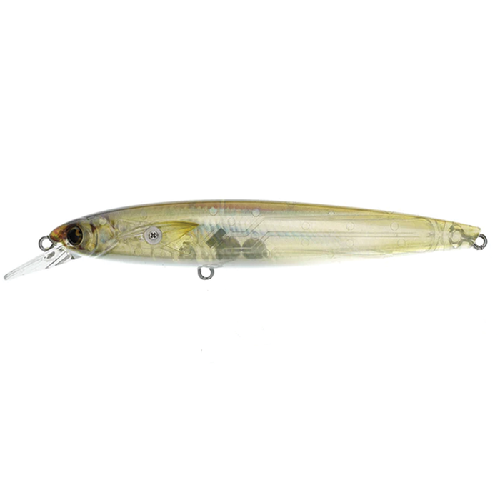 Transparent elongated fishing lure with subtle gold and silver tones, detailed eyes, and a small lip designed for diving, identified as Madotachi Hanitas SF Minnow.