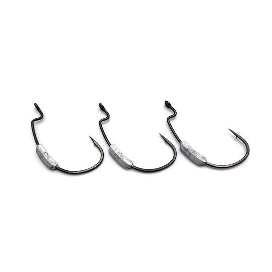 Three Madotachi IN 1.1 Weighted Hooks (For Soft Hanitas) displayed side by side, featuring curved black metal hooks with silver weighted sections for fishing tackle use.