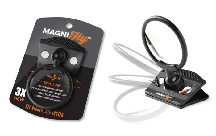 MAGFLY Clip-On Glass Magnifier with Magnets shown both packaged and attached to a surface, featuring a rotating lens with 3x magnification designed for detailed viewing and hands-free use.
