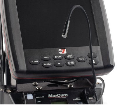 Marcum 12" USB Gooseneck LED Light attached to a marine electronics device, featuring a flexible neck designed to provide focused illumination for fishing tackle and gear.