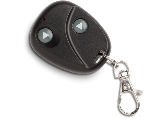 Marcum Wireless Camera Panner Fob (Fob ONLY) showing a compact black remote control with two arrow buttons and a metal keychain clip for easy attachment.