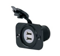 Marinco Dual USB Charger Receptacle 12-24V 12VDUSB with dual USB ports, black plastic housing, and protective flip cover for marine electronics and fishing tackle power needs.