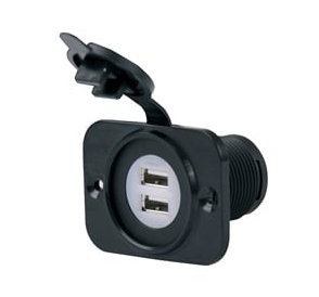 Marinco Dual USB Charger Receptacle 12-24V 12VDUSB with dual USB ports, black plastic housing, and protective flip cover for marine electronics and fishing tackle power needs.