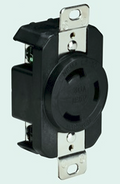 Marinco Locking Receptacle, 30A 125V, Black 305CRRB, heavy-duty electrical outlet designed for secure connections in marine electronics and fishing tackle setups.