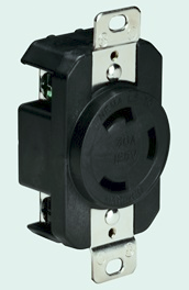 Marinco Locking Receptacle, 30A 125V, Black 305CRRB, heavy-duty electrical outlet designed for secure connections in marine electronics and fishing tackle setups.