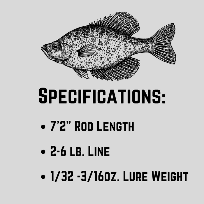 Illustration of a crappie fish above text listing specifications including 7 feet 2 inches rod length, 2 to 6 pound line weight, and lure weight from 1/32 to 3/16 ounces for Matt Johnson Outdoors - OW Crappie Rod *4 Week Build Time.