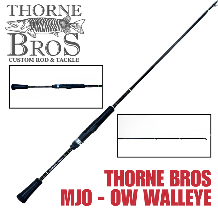 Matt Johnson Outdoors - OW Walleye Rod *4 Week Build Time with black grip handles and a sleek, slender fishing rod design, ideal for walleye fishing and custom tackle collections at Thorne Bros.