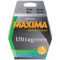 Package of Maxima Ultragreen premium monofilament fishing line in green and gray packaging, suitable for fishing tackle with specifications of 250 yards and 0.009 inch diameter.