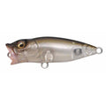 Megabass Baby Popx BFS fishing lure in translucent gray and smoke colors with a popper mouth design, detailed body texture, and multiple attachment rings for versatile use.