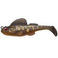 Megabass Dark Sleeper - 2.4" soft fishing lure designed to mimic a small fish with dark brown body, yellow markings, red eyes, and a paddle tail for realistic movement.