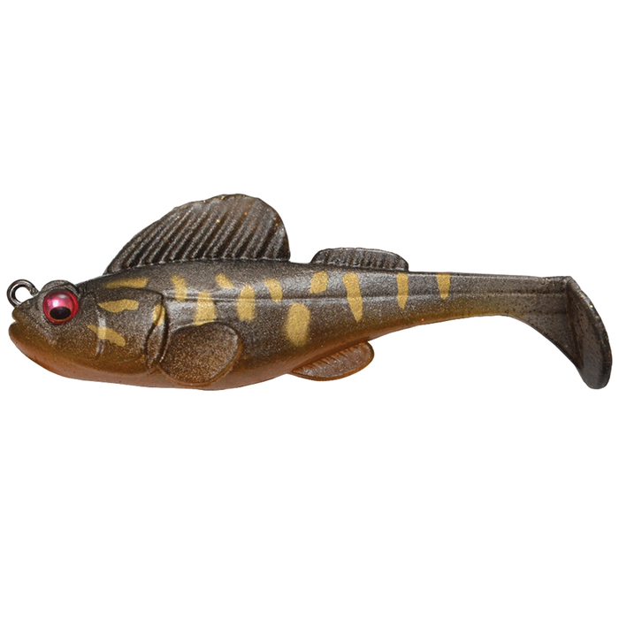 Megabass Dark Sleeper - 2.4" soft fishing lure designed to mimic a small fish with dark brown body, yellow markings, red eyes, and a paddle tail for realistic movement.
