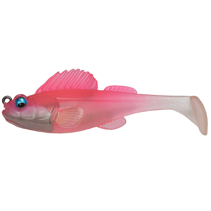 Megabass Dark Sleeper - 2.4" soft plastic fishing lure in translucent pink with lifelike fish details and blue eyes, designed for effective fishing tackle use.