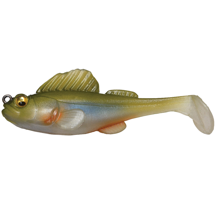 Megabass Dark Sleeper - 2.4" fishing lure designed to mimic a small fish with greenish and translucent body, detailed fins, and a paddle tail for realistic movement in water.