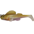 Megabass Dark Sleeper - 3" soft plastic fishing lure shaped like a small fish with a brownish-gold body, purple undertones, detailed fins, and a paddle tail for lifelike movement.