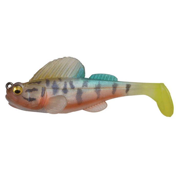Megabass Dark Sleeper - 3" soft plastic fishing lure designed to mimic a small fish with a translucent body, detailed fins, and striped pattern for effective fishing tackle use.