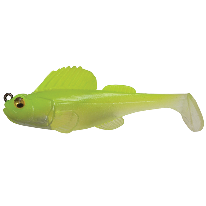 Megabass Dark Sleeper - 3" soft plastic fishing lure in green and yellow hues, designed with realistic fins and a paddle tail for effective movement in water.