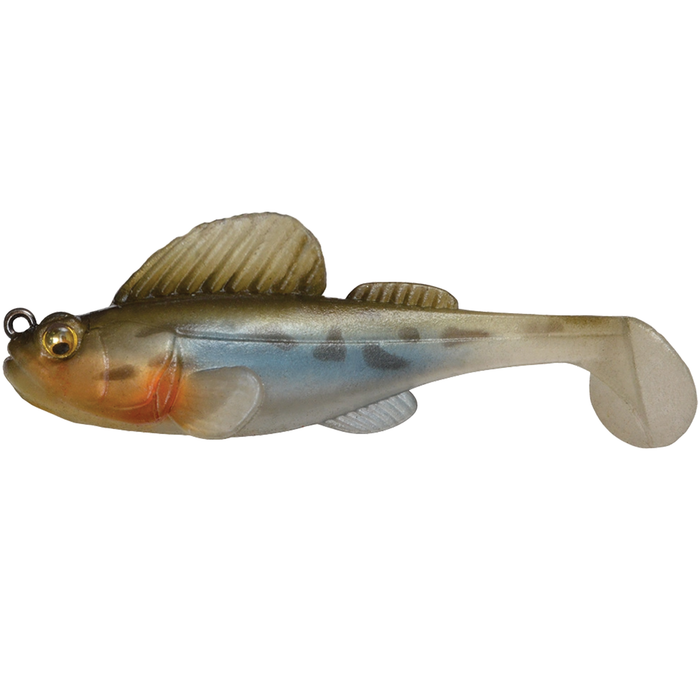 Megabass Dark Sleeper - 3" soft fishing lure designed to mimic a small baitfish with realistic eyes, fins, and a paddle tail for lifelike movement in water.