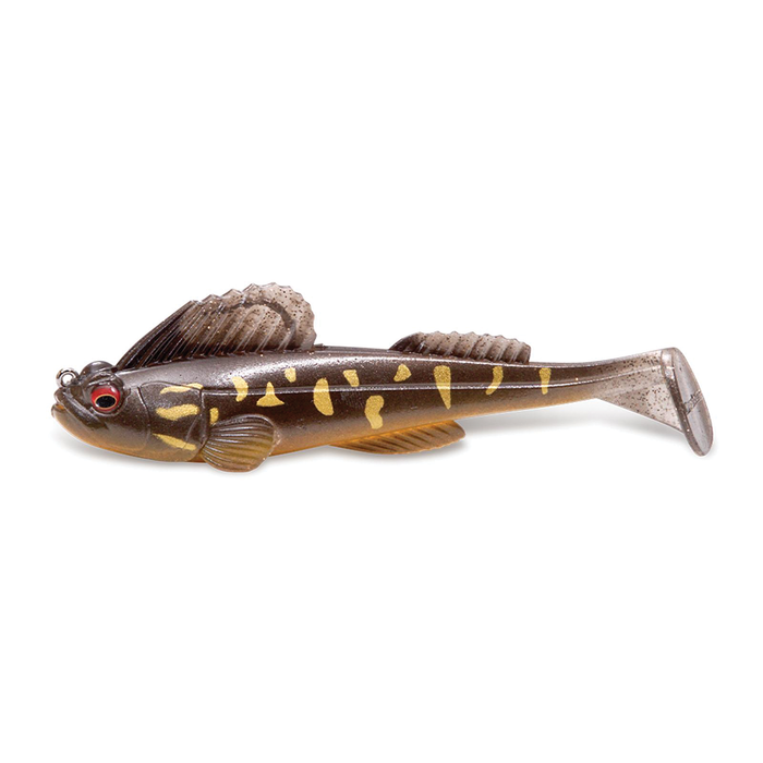 Megabass Dark Sleeper - 4.5" soft fishing lure designed to mimic a small fish with detailed fins and yellow markings, ideal for musky and freshwater fishing tackle.