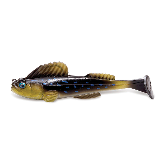 Megabass Dark Sleeper - 4.5" soft fishing lure designed to mimic a small fish with realistic fins, blue spots, and lifelike colors for effective fishing tackle use.
