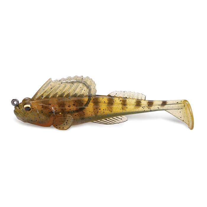 Megabass Dark Sleeper - 4.5" soft plastic fishing lure designed to mimic a small fish with detailed fins, natural brown and yellow coloration, and realistic eyes.