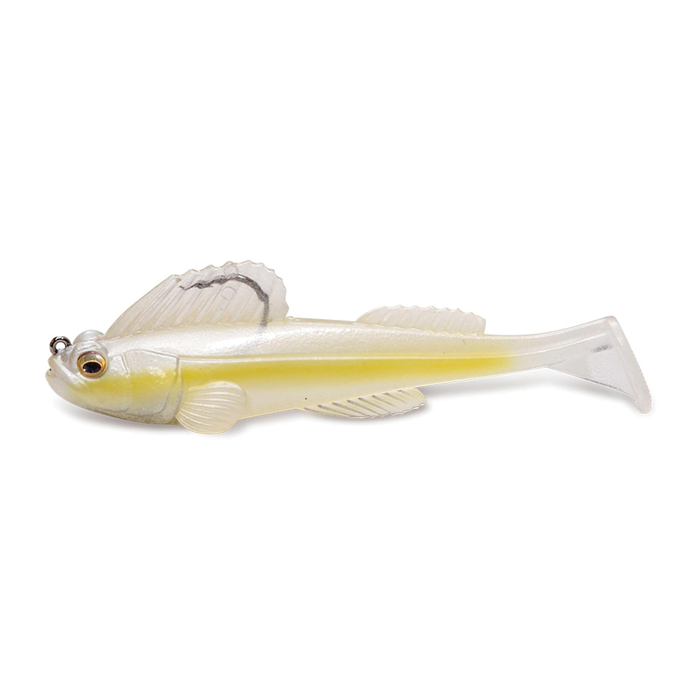 Megabass Dark Sleeper - 4.5" fishing lure with translucent body, yellow stripe, detailed fins, and lifelike eyes designed for effective fishing tackle use.