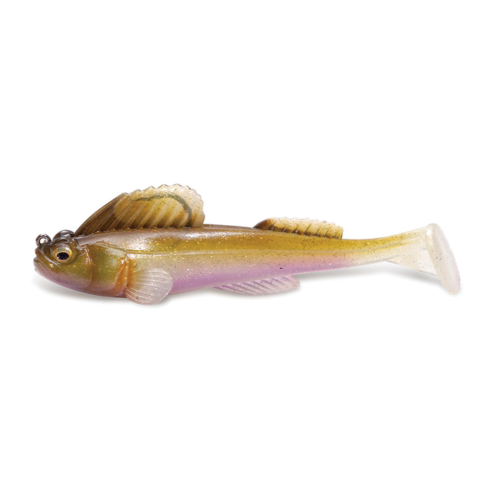 Megabass Dark Sleeper - 4.5" soft fishing lure in natural brown and purple tones with flexible fins and a paddle tail, designed for realistic movement in water.