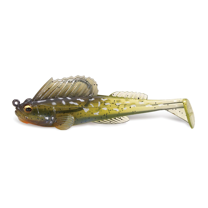 Megabass Dark Sleeper - 4.5" soft fishing lure designed with lifelike fins and a paddle tail, featuring olive green and natural fish pattern colors for effective musky and freshwater fishing.