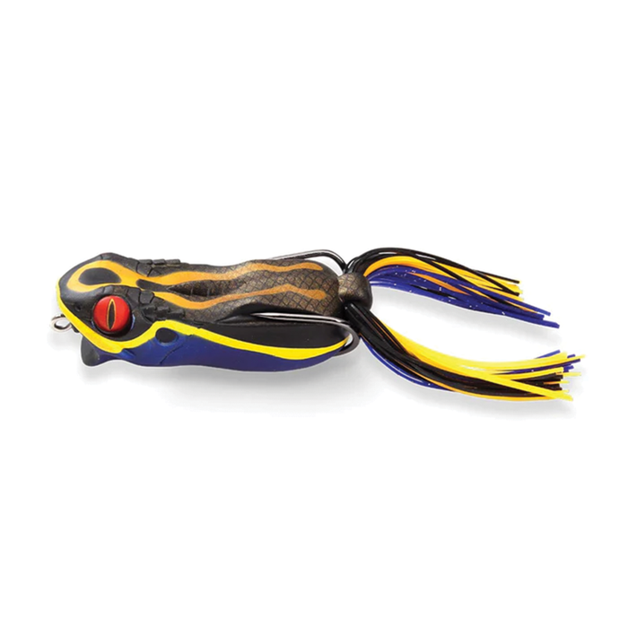 Megabass Gabarin topwater frog fishing lure in black, yellow, and blue with red eyes and soft skirted tail for musky and freshwater fishing tackle.
