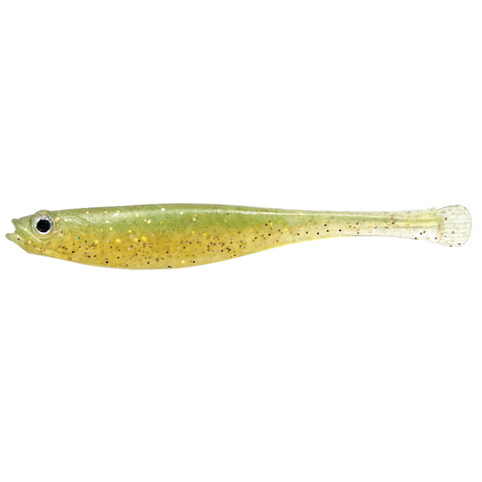 Megabass Haze-ST soft fishing lure with a slender, elongated body in green and yellow hues, speckled with black dots and featuring a detailed eye for realistic baitfish imitation.