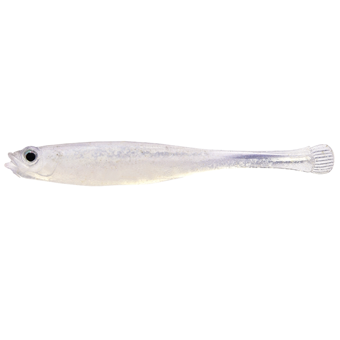 Megabass Haze-ST fishing lure in translucent pearly white with detailed eyes and a flexible tail designed for lifelike movement in water.