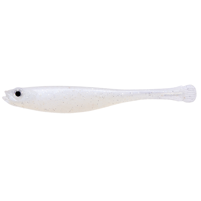 Megabass Haze-ST soft fishing lure in translucent white with black speckles and a detailed eye, designed for effective freshwater and saltwater fishing.