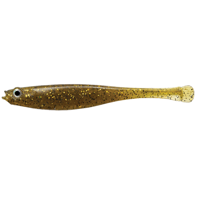 Megabass Haze-ST soft fishing lure in translucent brown and gold with black speckles, designed for freshwater fishing tackle targeting musky and other game fish.