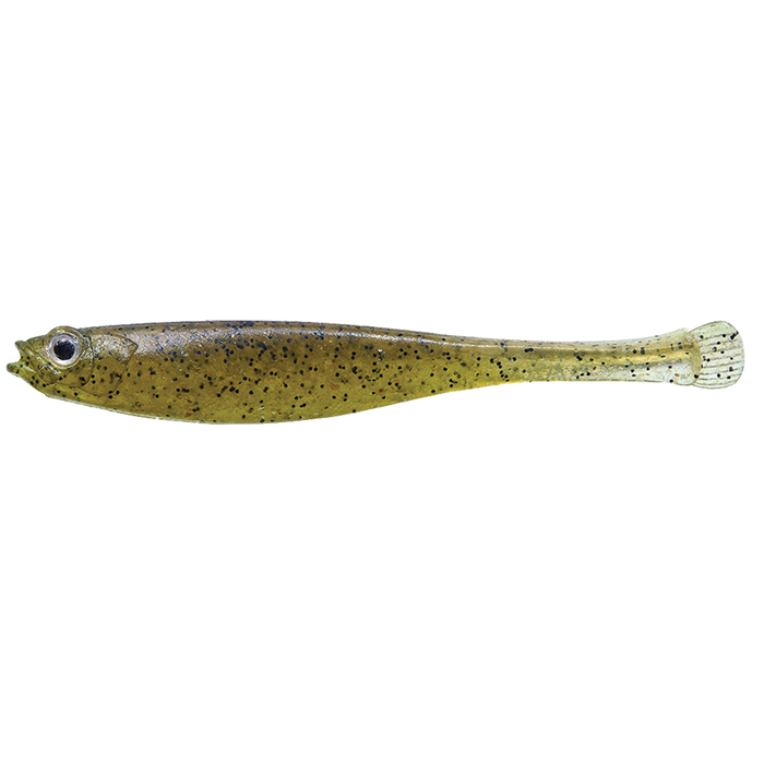 Megabass Haze-ST soft fishing lure in translucent green with black speckles and realistic fish eye, designed for use with fishing rods and tackle.