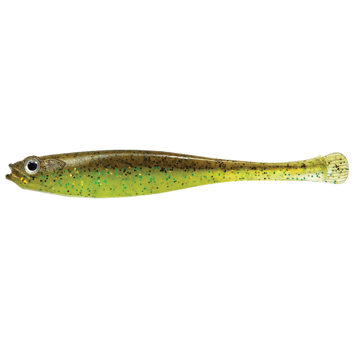 Megabass Haze-ST soft plastic fishing lure with green and brown speckled body designed for freshwater fishing and musky tackle enthusiasts.