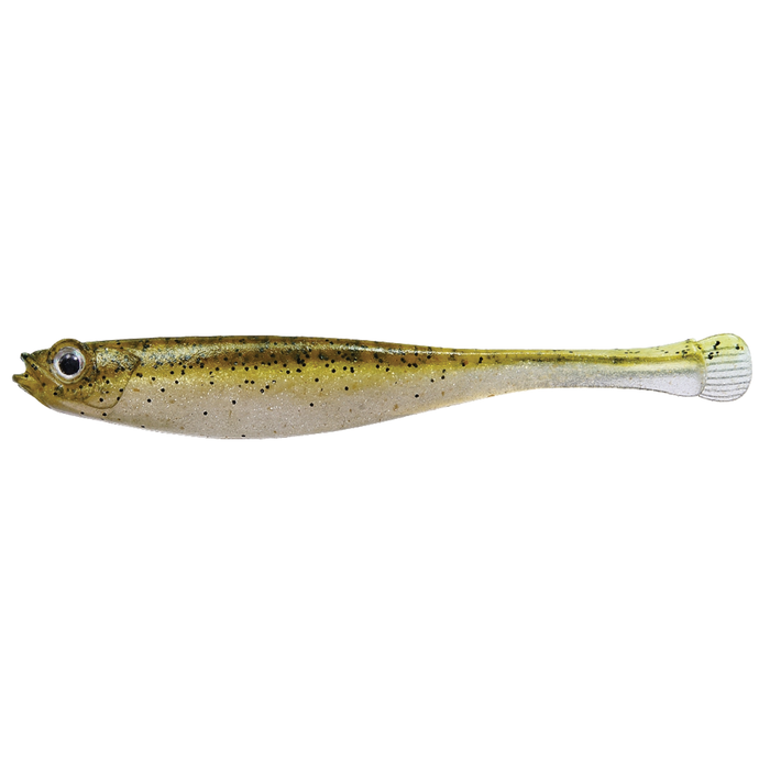 Megabass Haze-ST soft fishing lure with a slender body, realistic eye detail, and natural greenish-brown color pattern with black speckles for attracting fish.