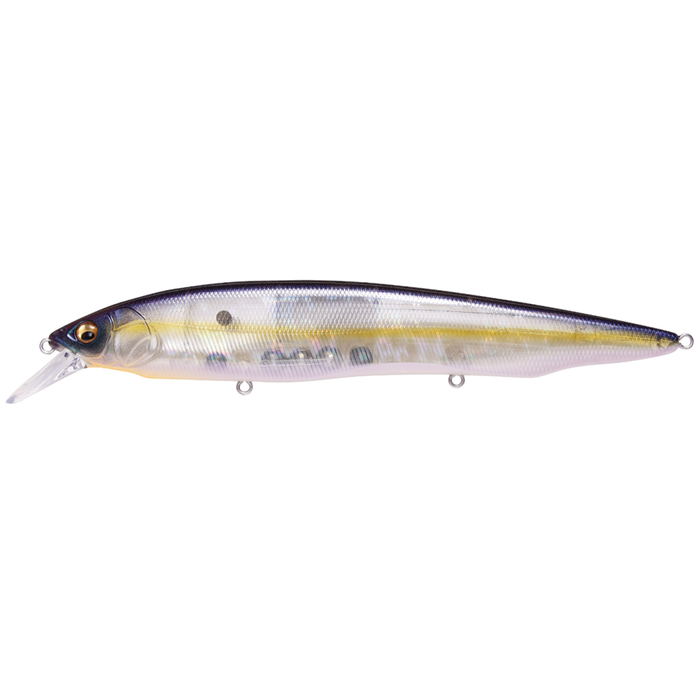 Megabass Kanata fishing lure with a sleek, elongated body in translucent shades of silver, yellow, and black, designed for realistic fish movement in water.