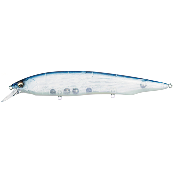 Megabass Kanata fishing lure designed with a sleek, elongated body featuring a blue back, translucent sides, and realistic fish scale details for effective fishing tackle use.
