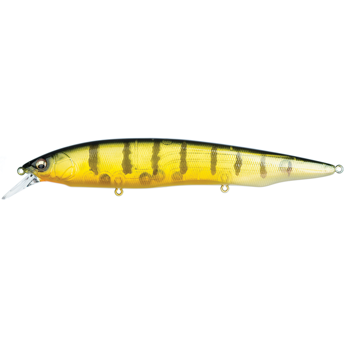 Megabass Kanata fishing lure in yellow and green with black vertical stripes, designed for freshwater fishing, featuring multiple attachment points for hooks and a clear diving lip.