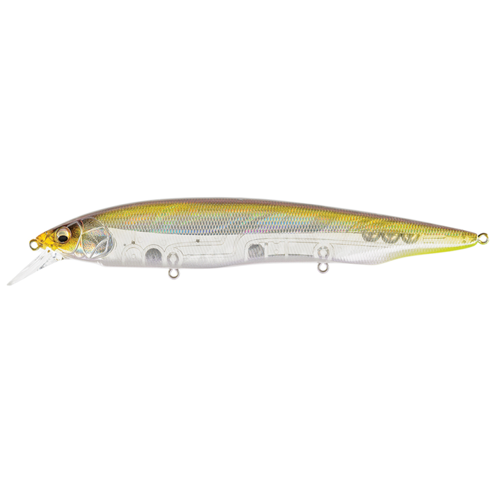 Megabass Kanata fishing lure with a translucent body, detailed internal design, and a yellow gradient finish, ideal for attracting musky and other game fish.