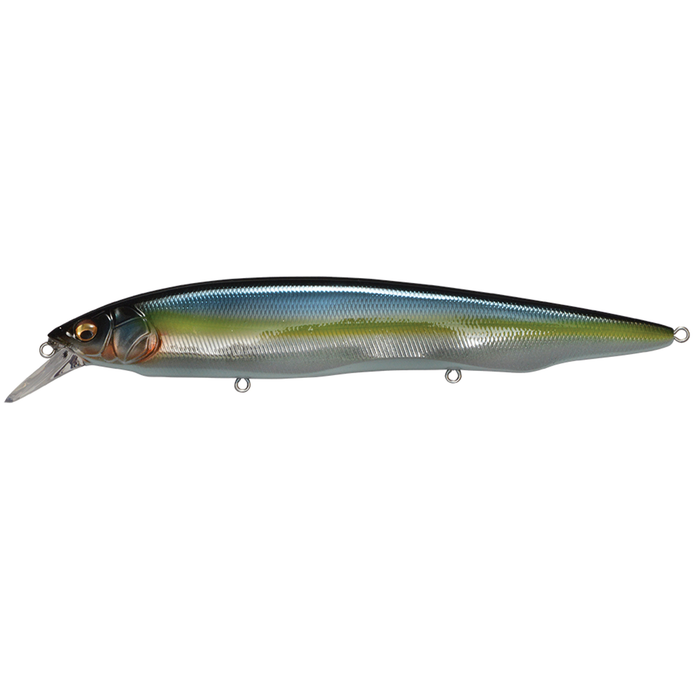 Megabass Kanata fishing lure with a sleek, elongated body featuring blue, green, and silver hues, designed for realistic baitfish imitation in fishing tackle.