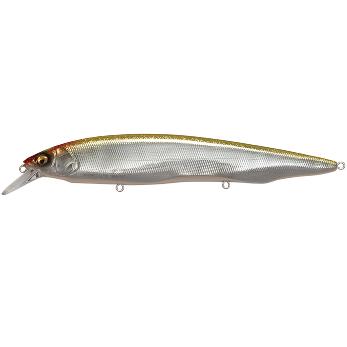 Megabass Kanata fishing lure with a slender, detailed body in silver and gold tones, designed for realistic movement in water to attract fish.