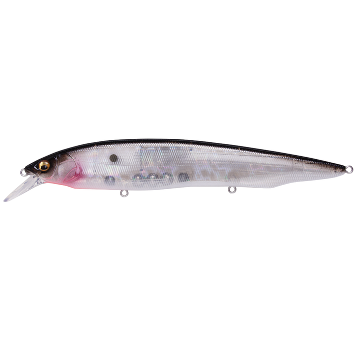 Megabass Kanata clear-bodied fishing lure with black back, realistic eye detail, and multiple attachment points, designed for precision fishing tackle.