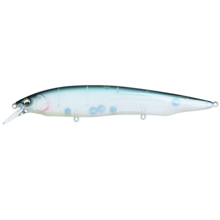 Megabass Kanata fishing lure with a slender, elongated body featuring a gradient blue and translucent design and three attachment points for fishing tackle.