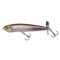 Megabass Karashi Spinner fishing lure with a realistic fish design, translucent purple and gold body, metal spinner blades, and two treble hooks for fishing tackle.