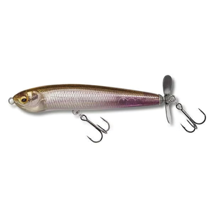 Megabass Karashi Spinner fishing lure with a realistic fish design, translucent purple and gold body, metal spinner blades, and two treble hooks for fishing tackle.