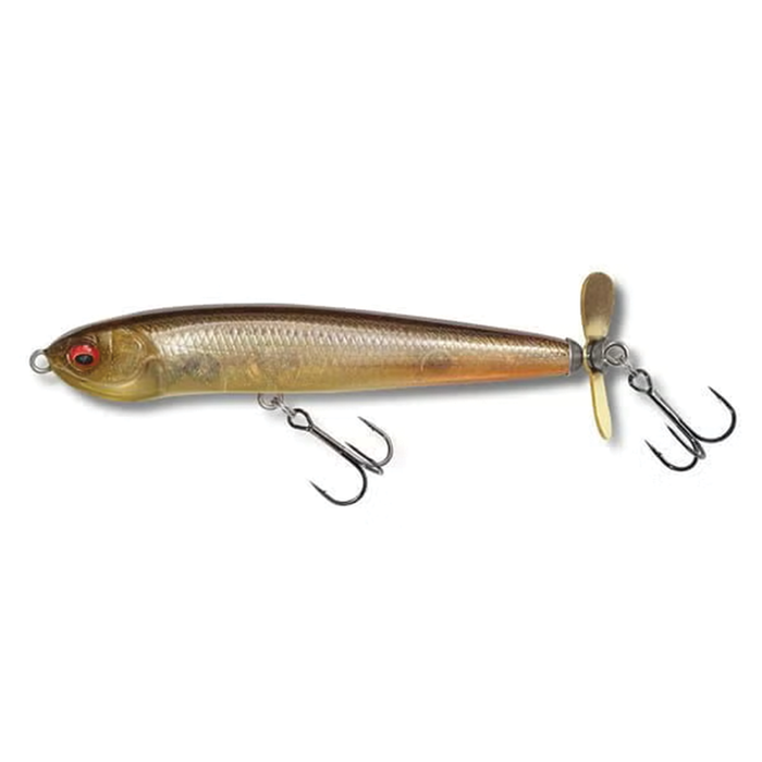 Megabass Karashi Spinner fishing lure with a sleek gold and brown body, equipped with two treble hooks and a rear spinning blade for effective musky fishing tackle.