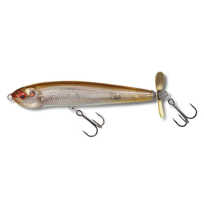 Megabass Karashi Spinner fishing lure with lifelike fish pattern, two treble hooks, and a rear spinning blade for added attraction in fishing tackle.