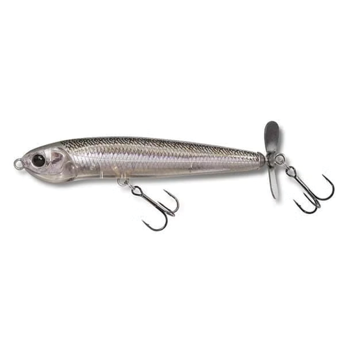 Megabass Karashi Spinner fishing lure with a realistic fish pattern, featuring two treble hooks and a rear spinning blade for added attraction in fishing tackle.