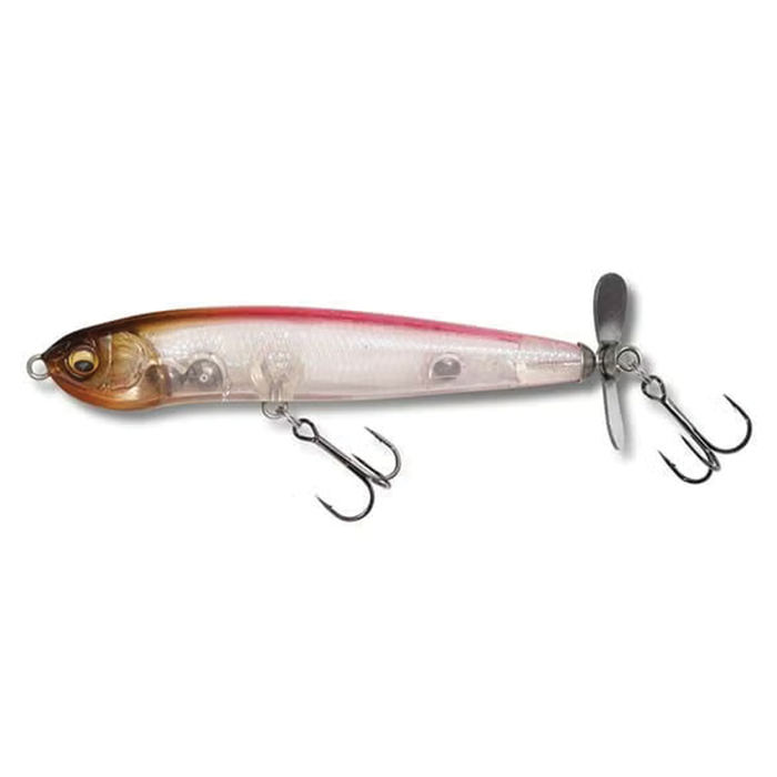 Megabass Karashi Spinner fishing lure designed with a translucent pink and brown body, featuring two treble hooks and a rear metal spinner blade for attracting fish.